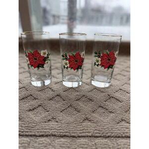Vintage Poinsettia‎ Holiday Glass Tumbler - Gold Trim Christmas Set Of 3